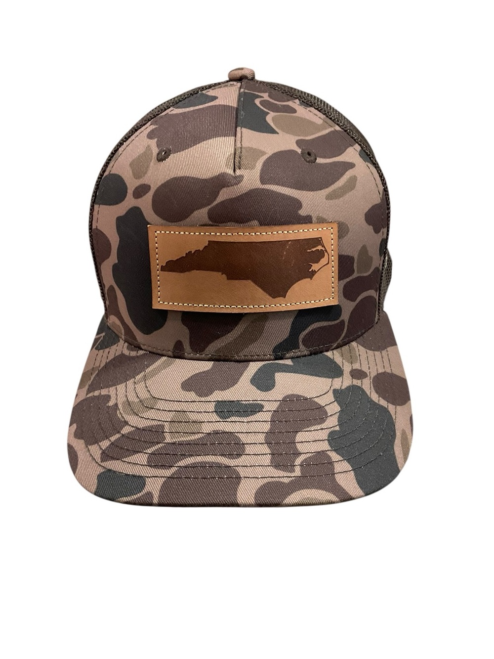 Ocean Outfitters North Carolina Camo Richardson 112PFP Trucker Hat Leather Patch